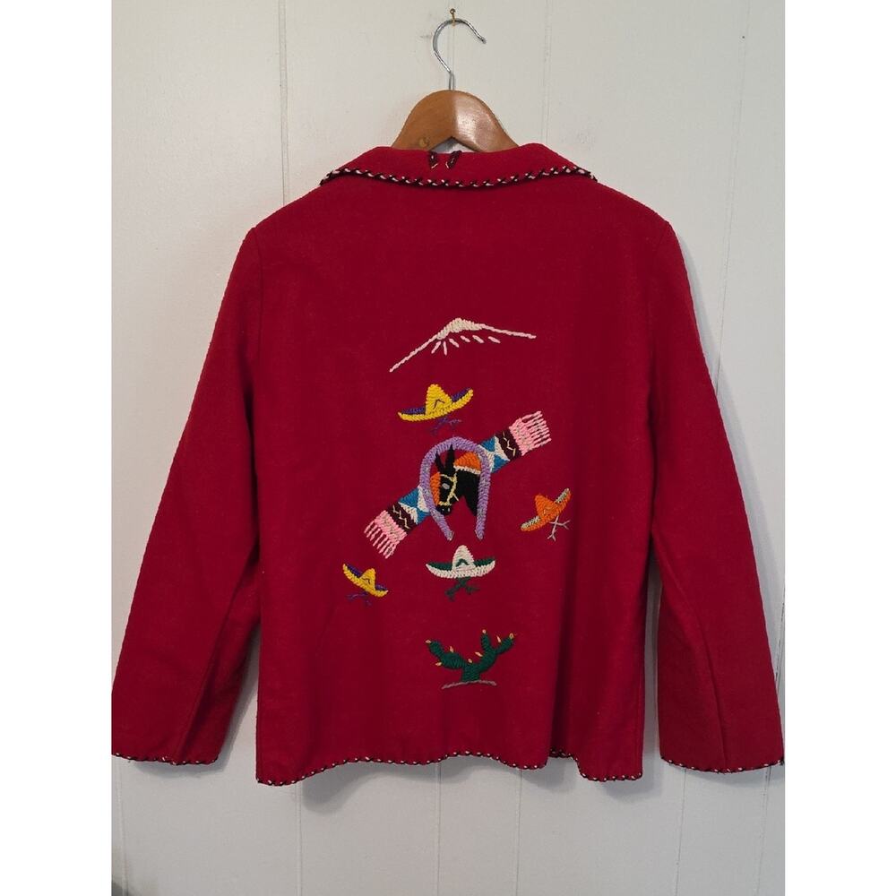 Vintage Lopez 100% Wool Red Embroidered Southwestern Cardigan Jacket M Unisex